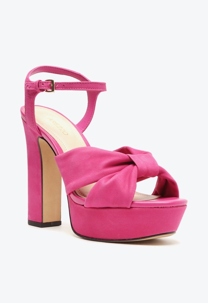 Sandália Meia Pata Rosa Arezzo Nobuck Salto Alto Bloco