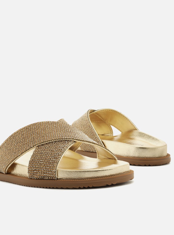Slide Dourado Arezzo Tiras Largas Strass