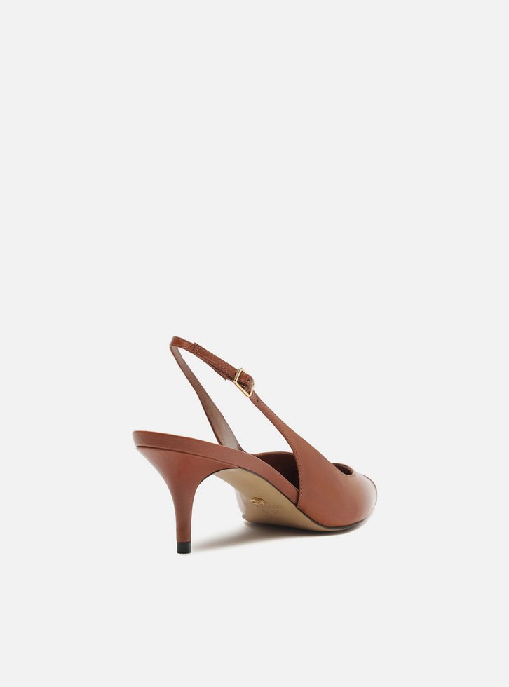 Scarpin Caramelo Couro Salto Kitten Slingback