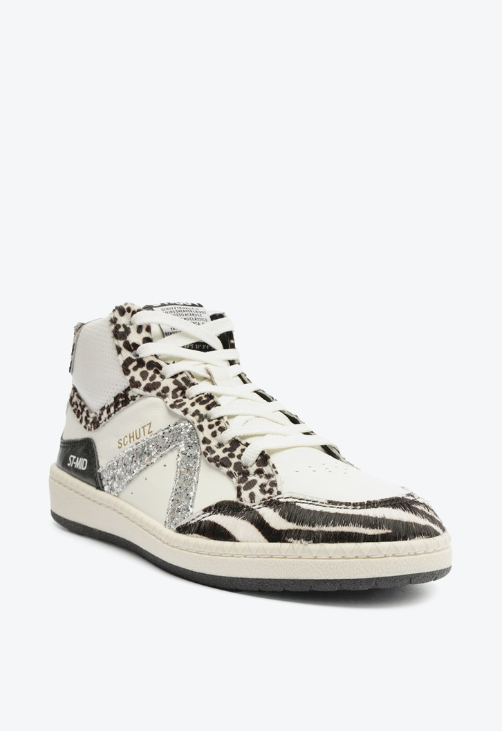 Tênis Branco Schutz Cano Alto St Mid Couro Glitter Zebra