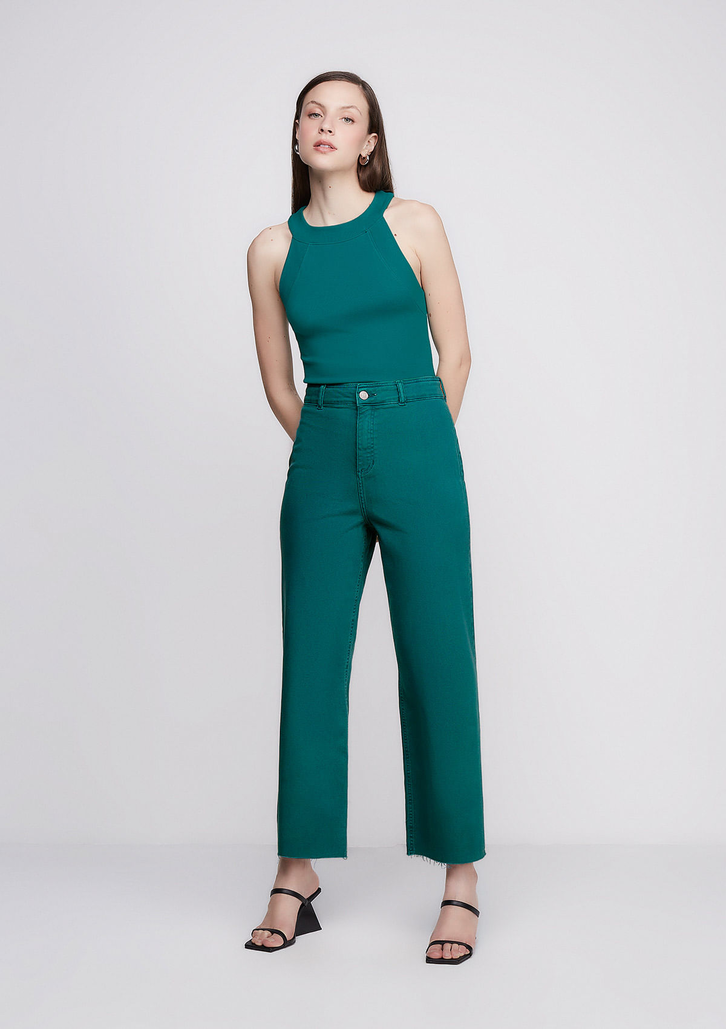 Calça Verde DZARM Em Sarja Wide Leg Slim Cintura Alta