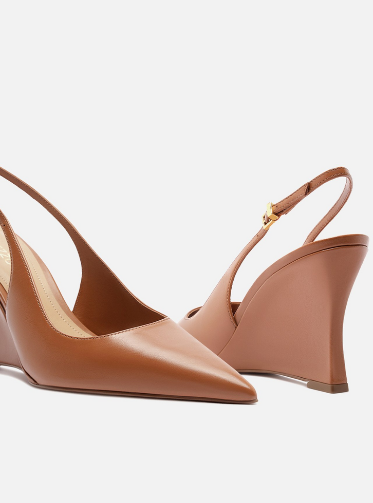 Scarpin Caramelo Couro Salto Alto Anabela Slingback