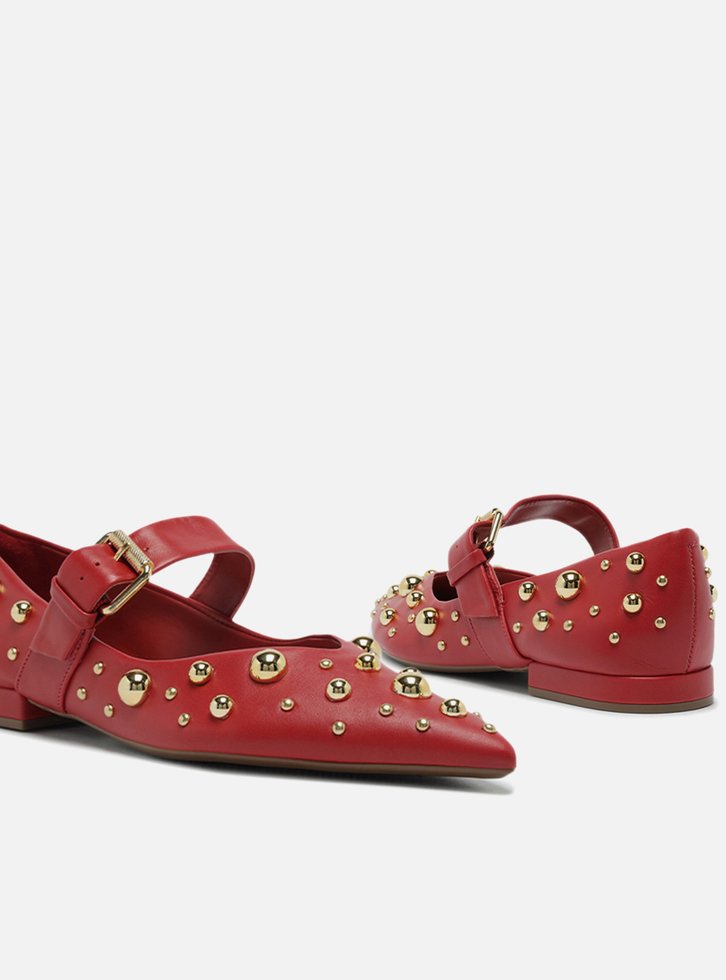 Sapatilha Boneca Vermelha Couro Maxi Tachas