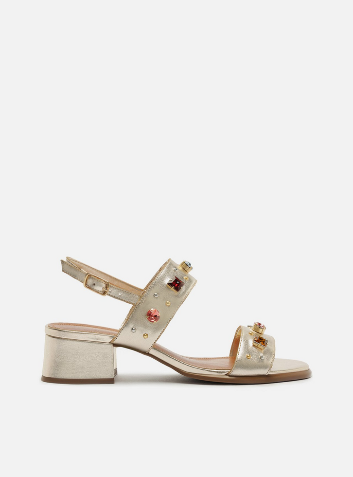 Sandália Dourada Couro Salto Bloco Mix Pedrarias