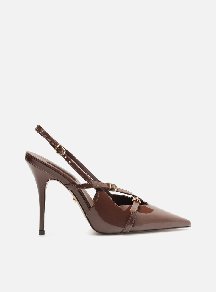 Scarpin Marrom Arezzo Verniz Salto Alto Slingback Amélia