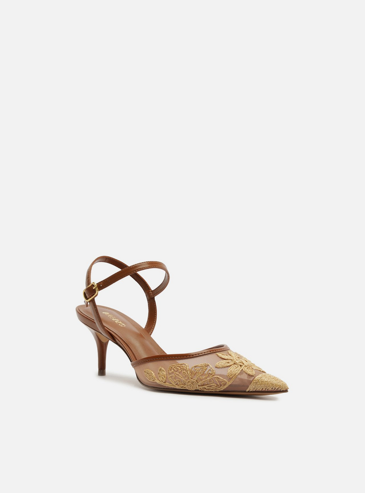 Scarpin Marrom Tule Salto Kitten Slingback Bordado