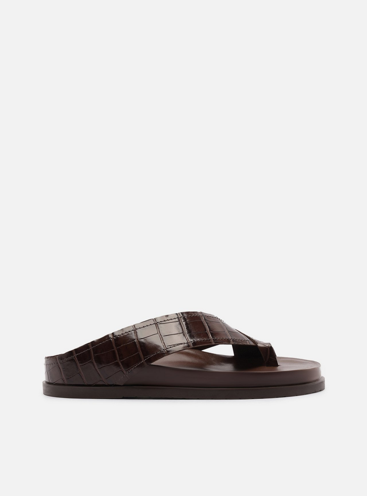 Sandália Papete Marrom Croco Tiras Largas Dedeira