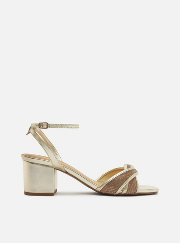 Sandália Dourada Salto Bloco Strass Enlace