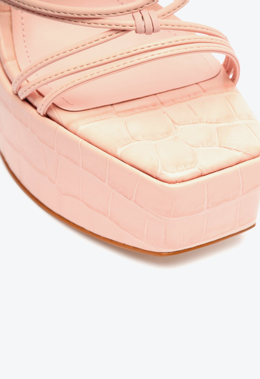 Sandália Athena Plataforma Croco Amarração Rosa