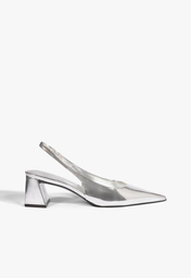 Slingback Metalizado Prateado Schutz Couro Salto Bloco Médio