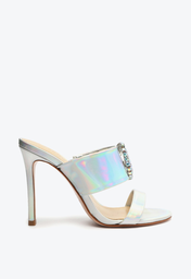 Sandália Mule Colorida Schutz Salto Alto Fino Holográfica