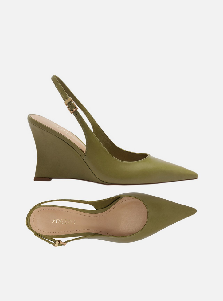 Scarpin Verde Couro Salto Alto Anabela Slingback