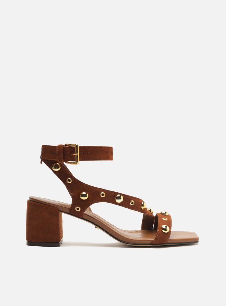 Sandália Marrom Camurça Salto Bloco Rebites