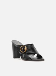 Mule Preta Couro Salto Alto Fivela Redonda | ZZ MALL