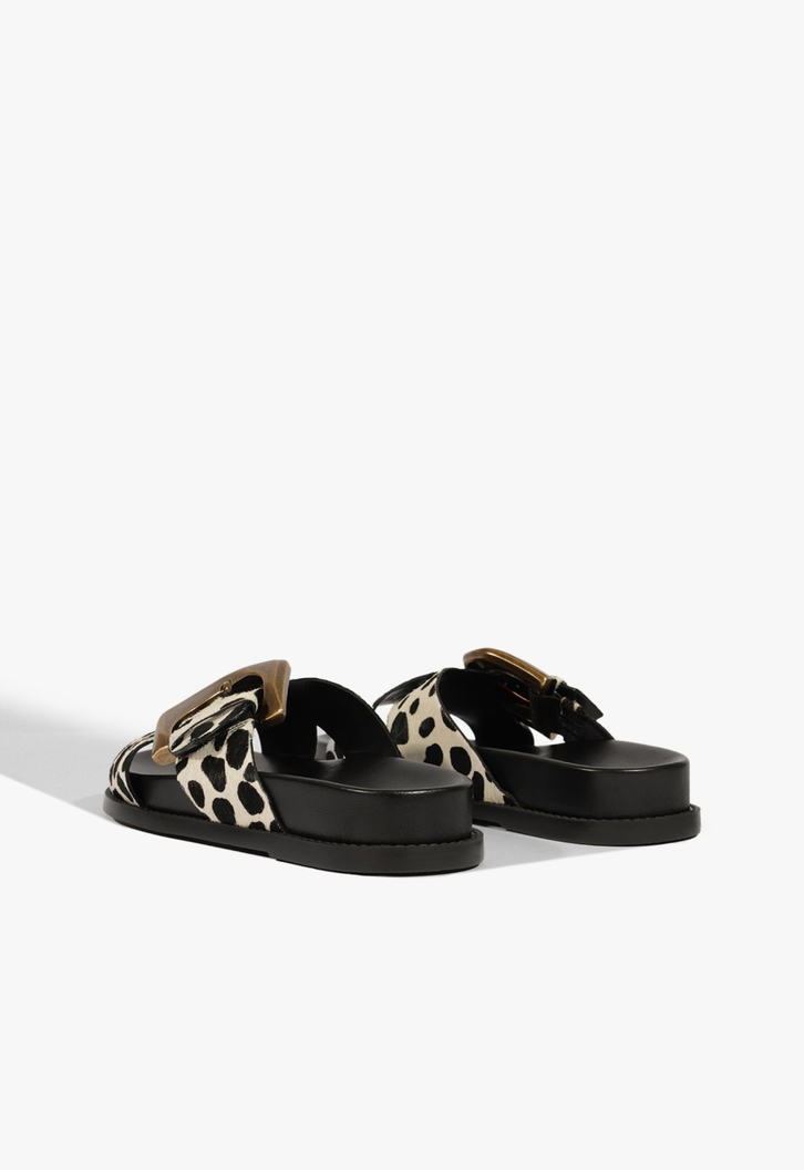 Sandália Papete Couro Fivela Preta Animal Print Branca