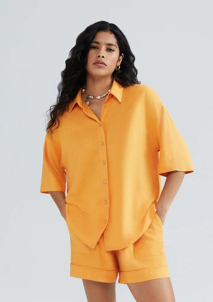 Camisa Feminina Laranja Claro Hering Manga Curta Em Linho