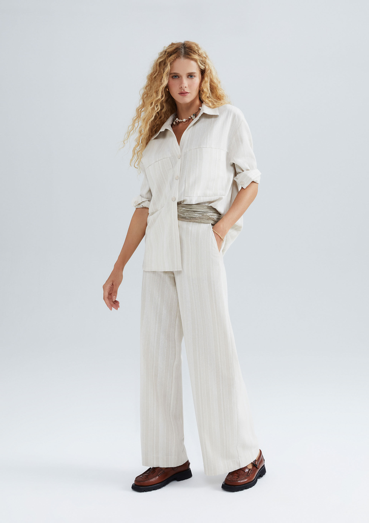 Calça Off-White Hering Feminina Pantalona Cintura Alta Com Linho