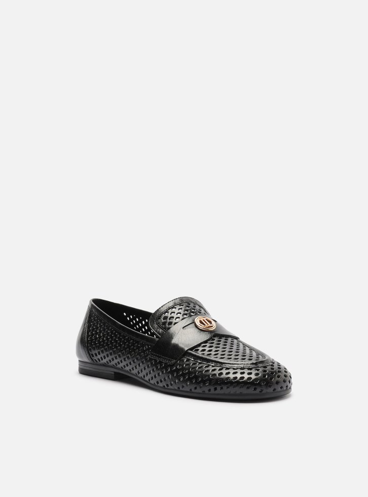 Mocassim Preto Couro Bico Redondo Vazado Metal