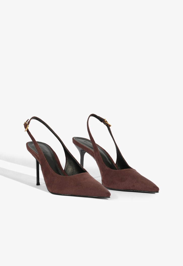 Slingback Salto Alto Fino Couro Marrom