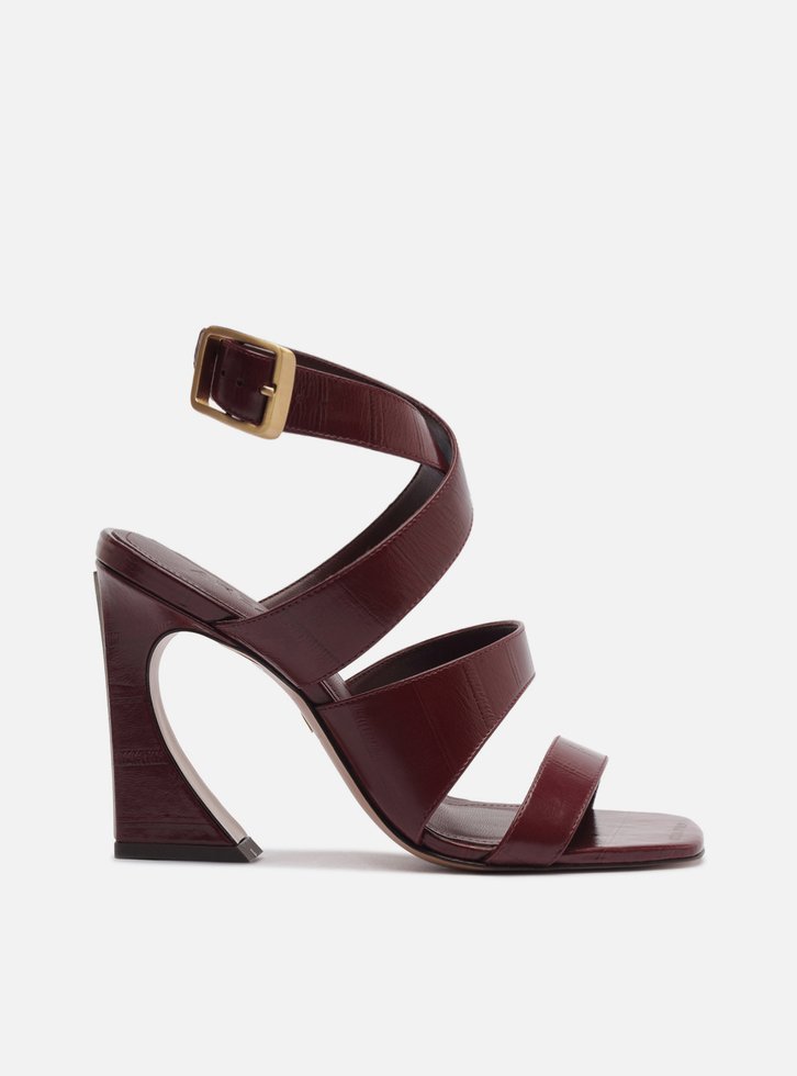 Sandália Bordô Couro Salto Alto Geométrico Flare