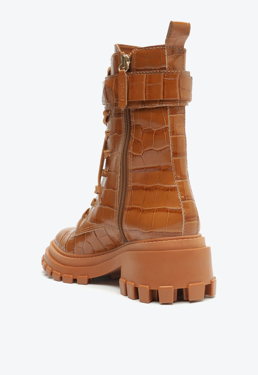 Bota Coturno Tratorado Cano Alto Couro Croco Marrom