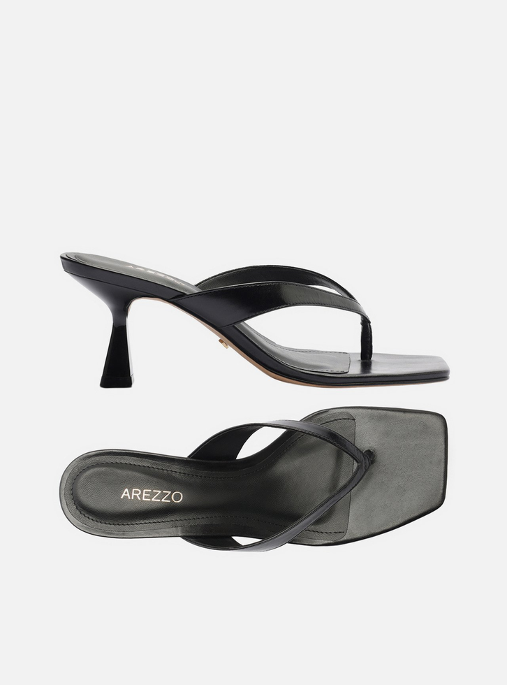 Tamanco Preto Couro Salto Fino Flip Flop