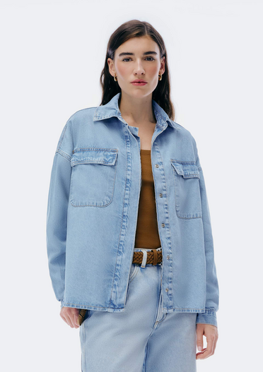 Camisa Jeans Azul Hering  Manga Longa Ampla