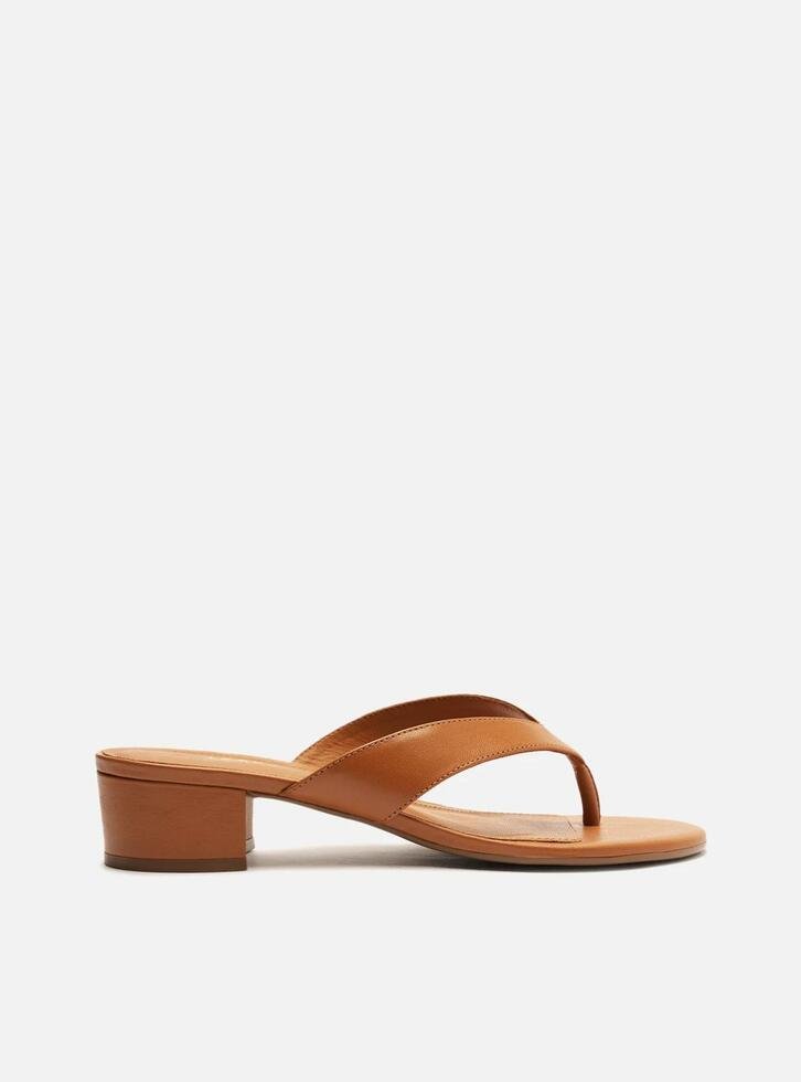 Tamanco Marrom Salto Baixo Tiras Flip Flop