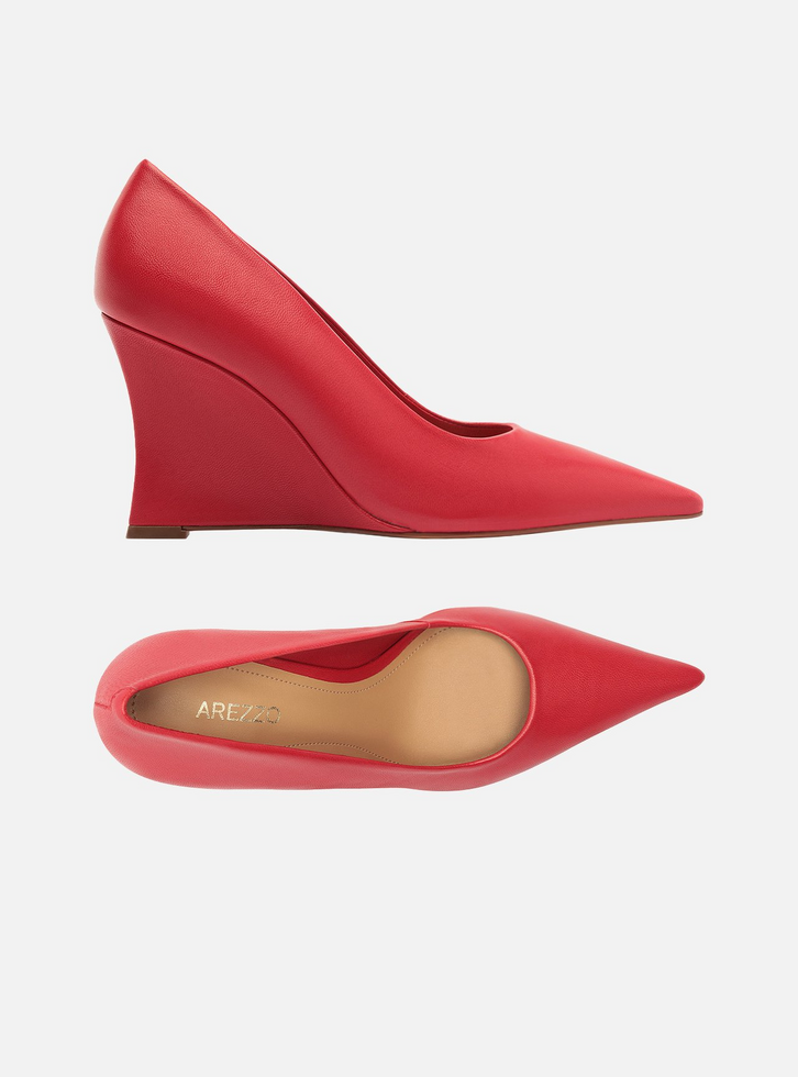 Scarpin Vermelho Couro Salto Anabela Bico Fino