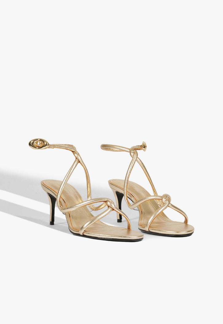 Sandália Salto Glam Curves Couro Dourada | ZZ MALL