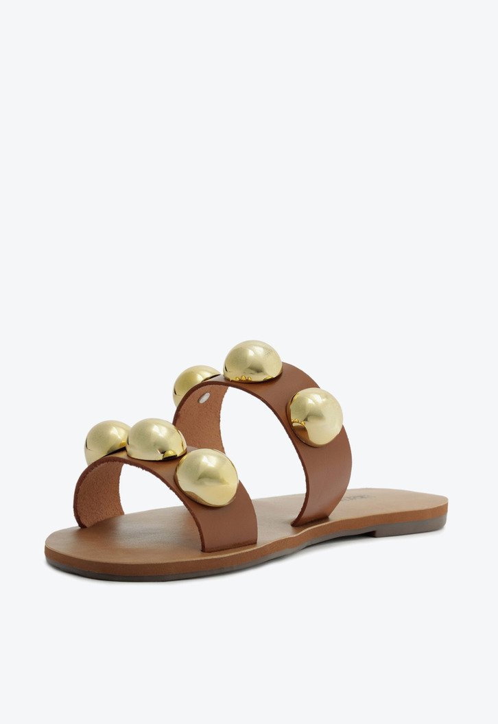 Rasteira Tiras Paralelas Esfera Pop Couro Marrom