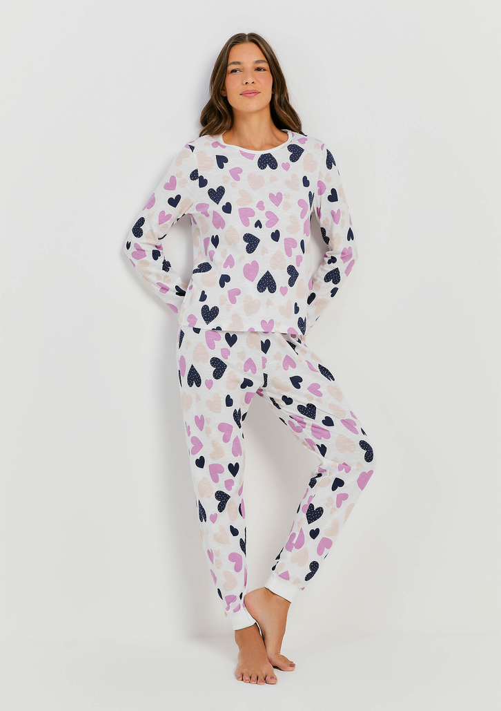 Pijama Azul E Rosa Hering Longo Estampado Em Malha Flamê