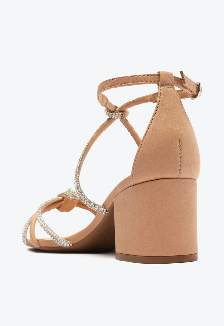 Sandália Nude Arezzo Salto Bloco Tiras Strass