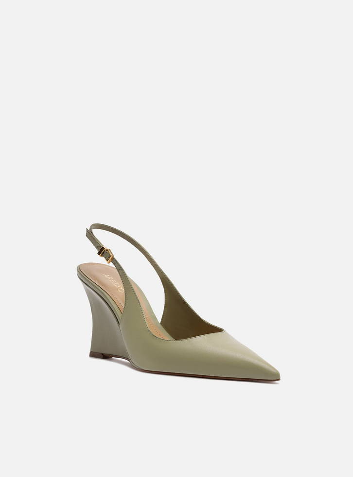 Scarpin Verde Oliva Couro Salto Alto Anabela Slingback