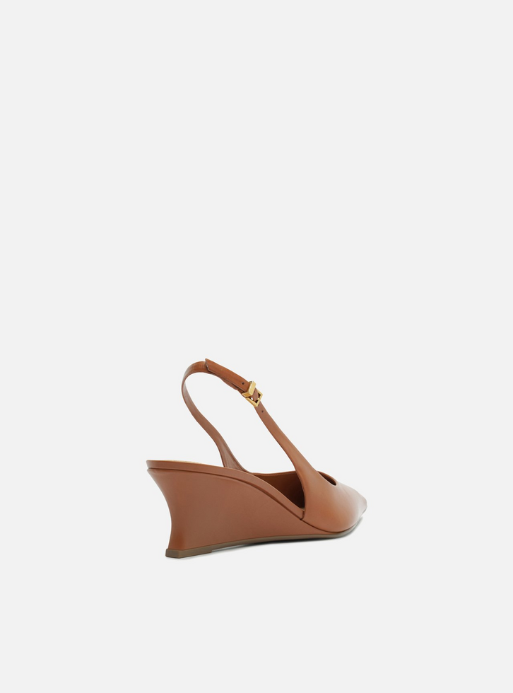 Scarpin Marrom Couro Salto Baixo Anabela Slingback