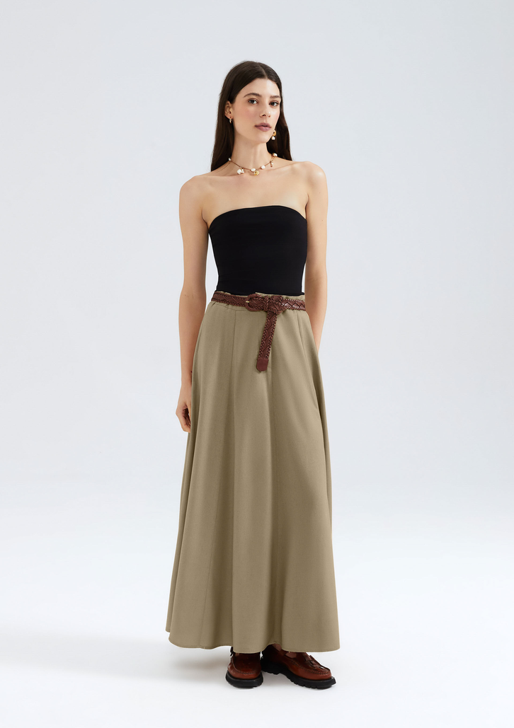 Saia Caqui Hering Longa Evasê Com Linho