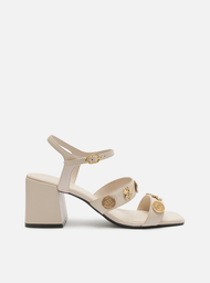 Sandália Bege Arezzo Couro Salto Médio Metais