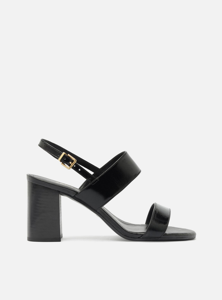 ✨ skraa✨ Sandália Preta Couro Salto Bloco Tiras Largas | ZZ MALL