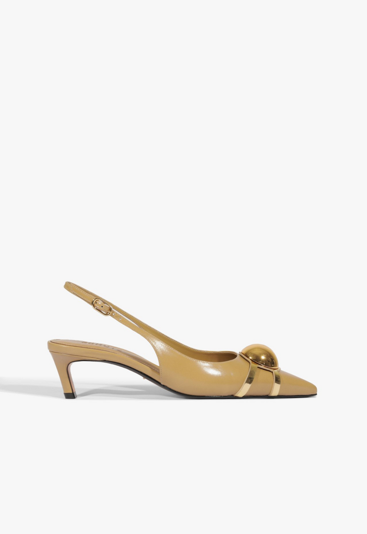 Scarpin Slingback Salto Mini Couro Enfeite Bege