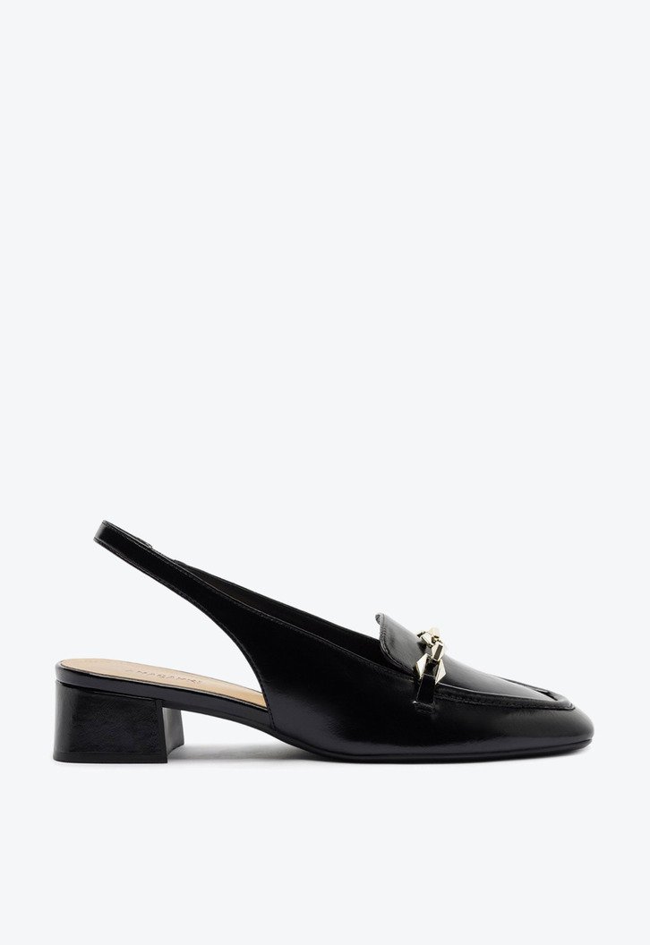 Mocassim Slingback Salto Bloco Corrente Preta