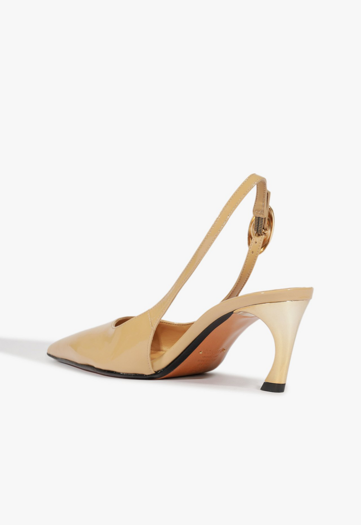 Sapato Scarpin Slingback Salto Médio Verniz Couro Bege