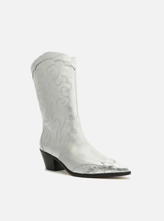 Bota Prateada Couro Cano Médio Bordado Western