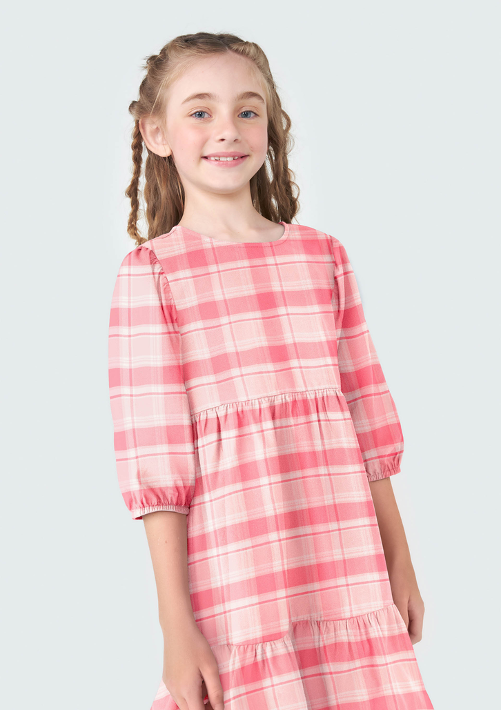 Vestido Rosa Hering Curto Infantil Em Manga Curta Xadrez