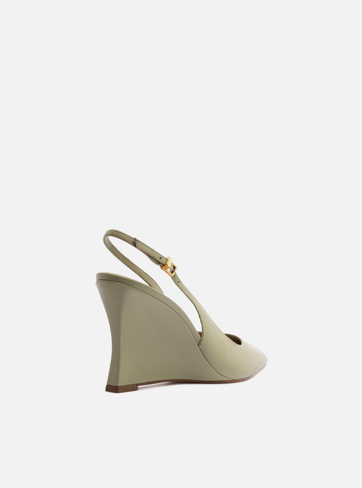 Scarpin Verde Oliva Couro Salto Alto Anabela Slingback