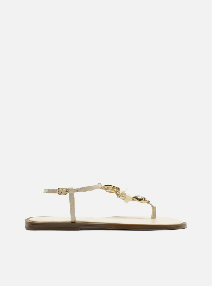 Sandália Rasteira Off White Couro Slim Conchas