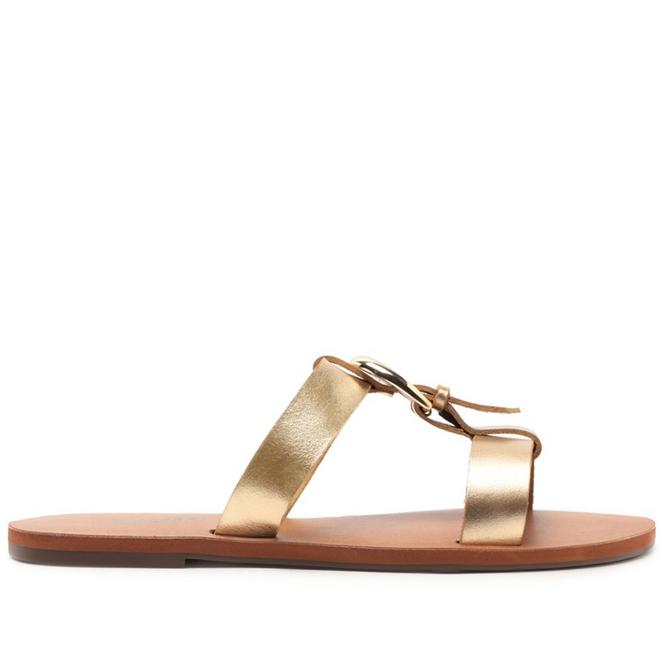 Rasteira Detalhe Fivela Couro Dourada