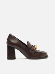 Loafer Marrom Couro Salto Bloco Metal Nó