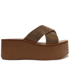 Sandália Flatform Marrom Dourada Anacapri Íris Tiras Cruzadas Brilho Glam