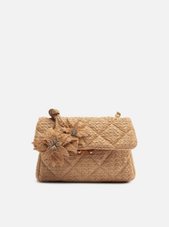 Bolsa Tiracolo Bege Ráfia Mizz Média Flor