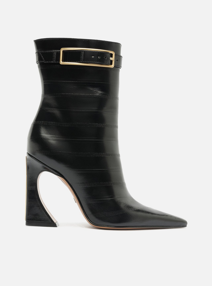 Bota Preta Couro Cano Médio Salto Flare Fivela